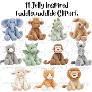 May include: A collection of eleven watercolour clipart images of plush animals, such as an elephant, cow, dinosaur, dog, cat, dragon, monkey, donkey, lamb, cat, and lion. The text "11 Jelly Inspired Fuddlewuddide Clipart" is at the top.