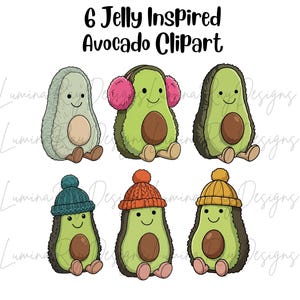 Puede incluir: Seis ilustraciones de aguacates de dibujos animados con caras sonrientes, cada uno con un sombrero o orejeras diferentes. Los aguacates son verdes con semillas marrones y están sentados. El texto en la parte superior dice "6 Jelly Inspired Avocado Clipart".