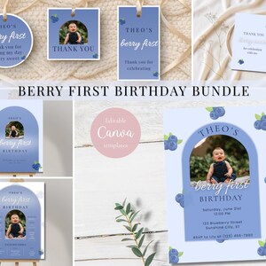 Peut inclure: Un ensemble de modèles de papeterie pour un premier anniversaire sur le thème des myrtilles, avec des illustrations de fruits et des cadres photo en arche. Les designs incluent des étiquettes, des cartes de remerciement et des invitations.