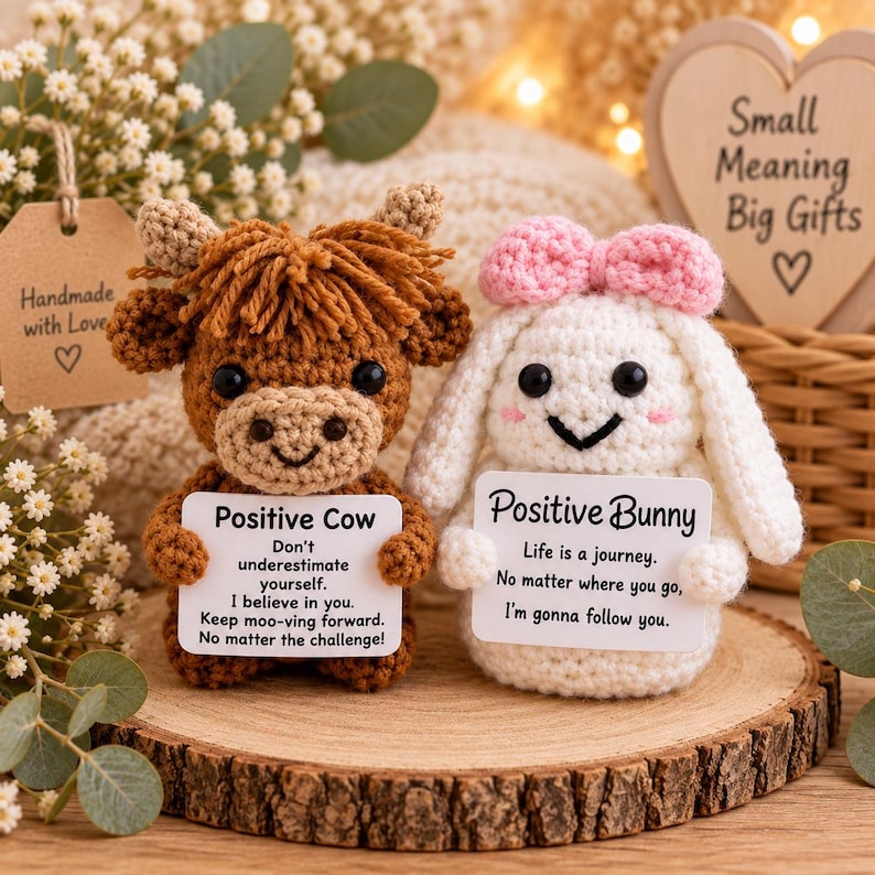 May include: Two crocheted stuffed animals, a brown cow and a white bunny, each holding a small white sign. The cow sign reads: Positive Cow, Don't underestimate yourself. I believe in you. Keep moo-ving forward. No matter the challenge. The bunny sign reads: Positive Bunny, Life is a journey. No matter where you go, I'm gonna follow you.