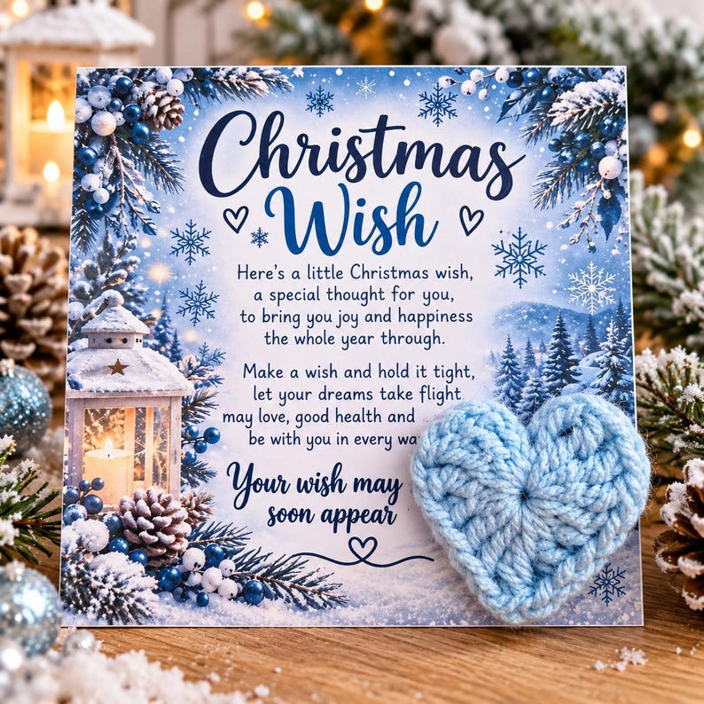 May include: A square card featuring a blue and white winter scene with pine branches, pinecones, and a lantern. The text reads: Christmas Wish, Here's a little Christmas wish, a special thought for you, to bring you joy and happiness the whole year through. Make a wish and hold it tight, let your dreams take flight may love, good health and be with you in every way. Your wish may soon appear. A light blue crocheted heart is attached to the card.
