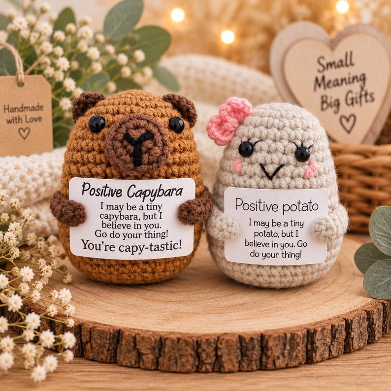 May include: Two crocheted figures, a brown capybara and a light gray potato, each holding a white sign. The capybara sign reads: Positive Capybara, I may be a tiny capybara, but I believe in you. Go do your thing! You're capy-tastic! The potato sign reads: Positive potato, I may be a tiny potato, but I believe in you. Go do your thing!