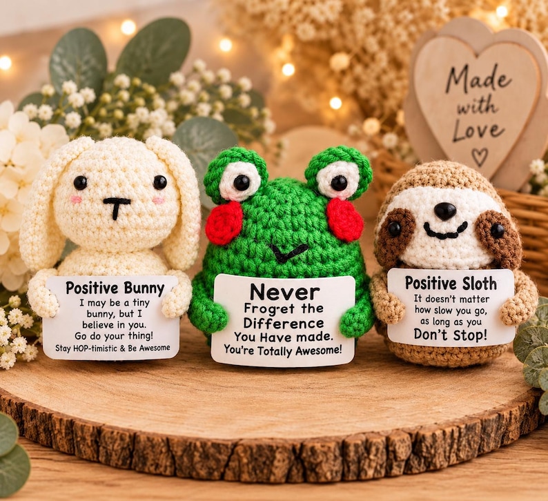 May include: Three small crocheted figures: a cream-colored bunny, a green frog with red cheeks, and a brown sloth. Each figure holds a white sign with black text featuring motivational messages including Positive Bunny, Never Froget, and Positive Sloth.