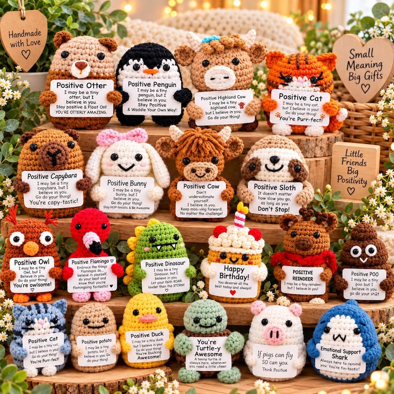 May include: A collection of small, handmade crochet plush animals and figures, each holding a white sign with a positive message. The set includes an otter, penguin, highland cow, cat, capybara, bunny, cow, sloth, owl, flamingo, dinosaur, cupcake, reindeer, poop, cat, potato, duck, turtle, pig, and shark.