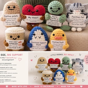 May include: A collection of seven small crocheted figures including a tan potato, red heart, green turtle, grey striped cat, coffee cup, blue shark, and yellow duck. Each figure holds a white card with printed text and illustrations.