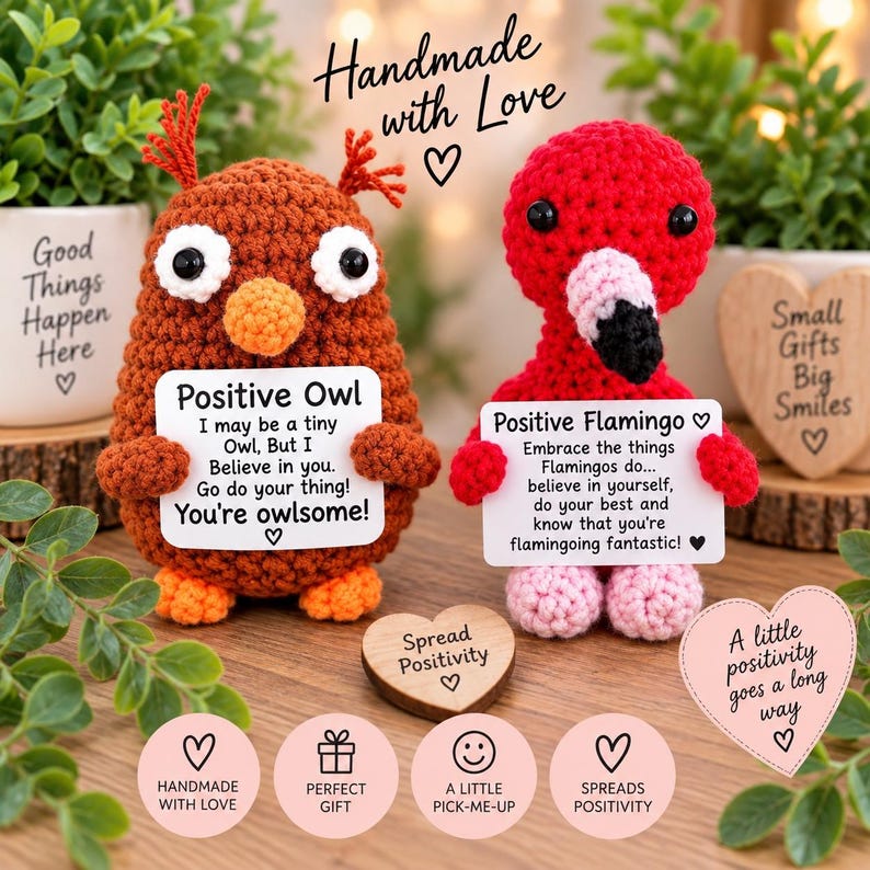May include: Two handmade crochet figures, a brown owl and a red flamingo, each holding a white sign with printed text. The owl sign reads Positive Owl, I may be a tiny Owl, But I Believe in you. Go do your thing! You're owlsome! The flamingo sign reads Positive Flamingo, Embrace the things Flamingos do... believe in yourself, do your best and know that you're flamingoing fantastic!