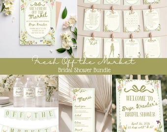 May include: A bridal shower bundle with a floral and striped design. Includes invitations, games, a banner, water bottles, a menu, and a welcome sign. The text reads "Fresh Off the Market" and "Welcome to Bryn Kreuter's Bridal Shower."