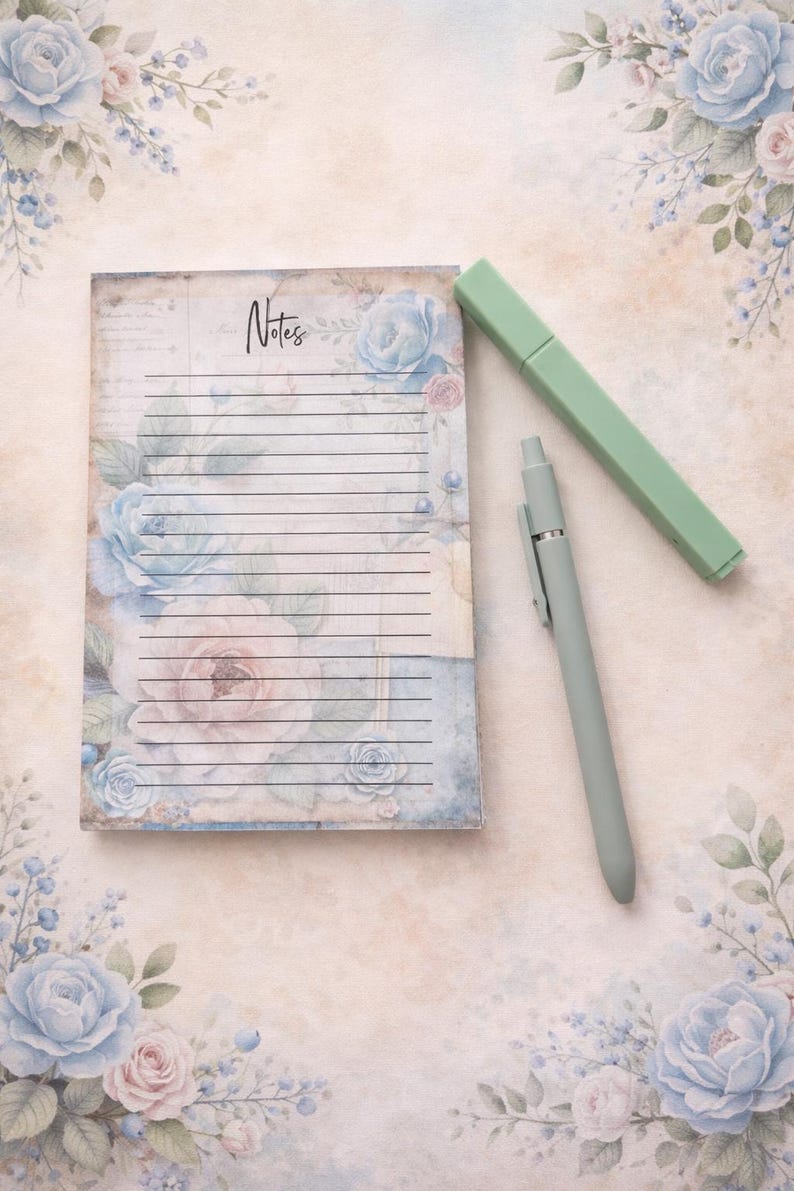 Vintage Floral Notepad | Blue Pink Roses, 4x6 or 5x7 Memo Pad - Etsy