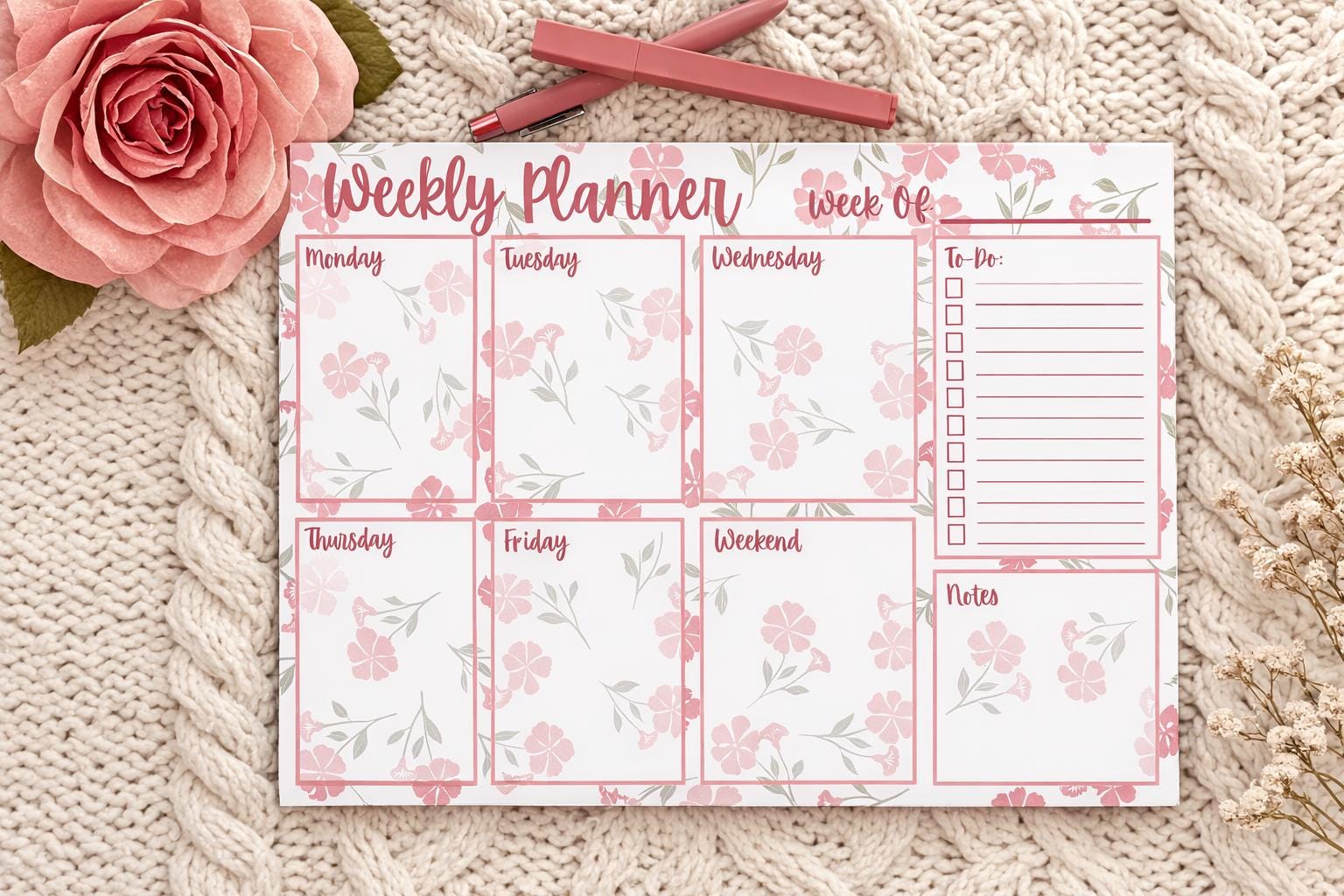Floral Weekly Planner Notepad 8.5x11 | Desk Organizer Pad (52 Sheets ...