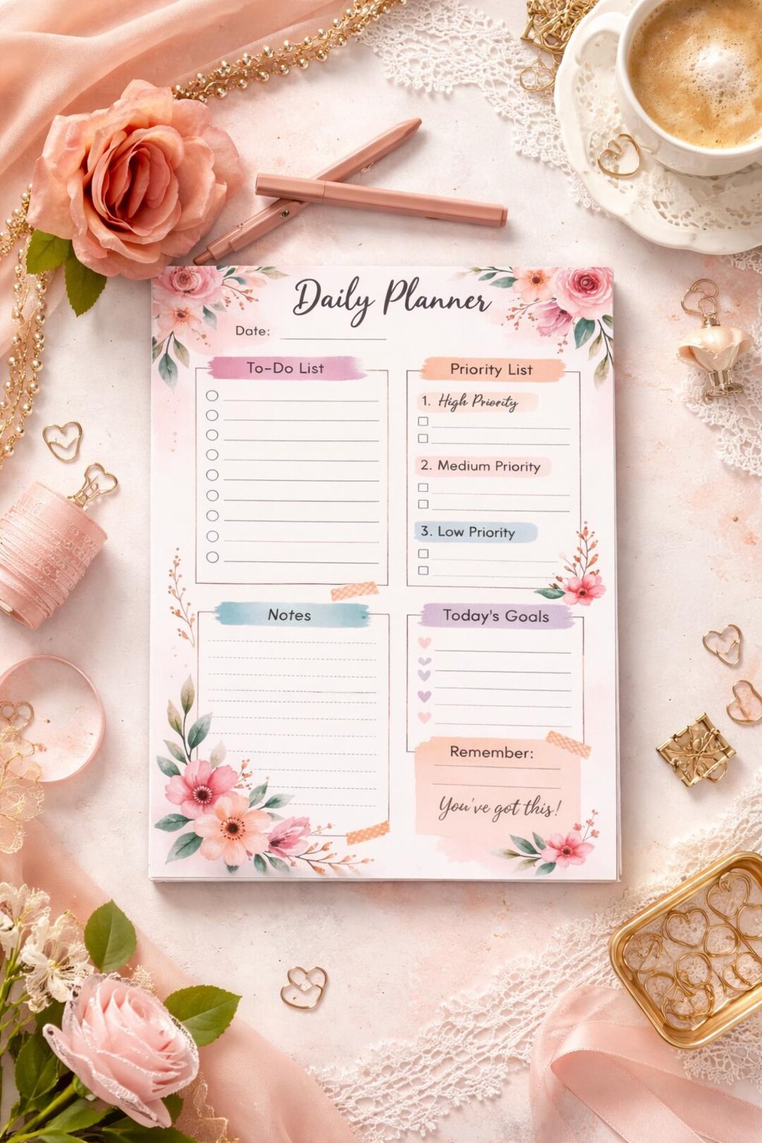 Floral Daily Planner Notepad | 7x9 Tear-off Desk Organizer, To-do List ...