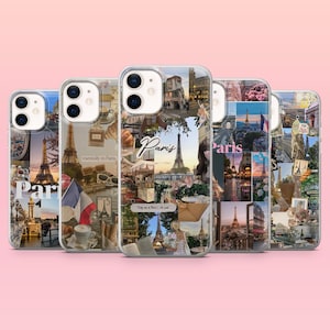 May include: A collection of five iPhone cases featuring a collage design with images of Paris. The cases display the Eiffel Tower, French flags, and other Parisian landmarks. The word "Paris" is written on several cases.
