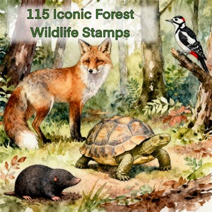 Peut inclure: Illustration à l'aquarelle représentant une forêt avec un renard, une tortue, une taupe et un pic. Le texte "115 Iconic Forest Wildlife Stamps" est en vert. L'œuvre a une esthétique naturelle et peinte à la main.