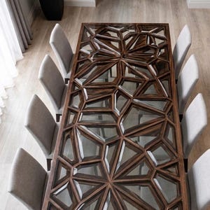 Tablero de mesa de comedor geométrico de madera y cristal hecho a mano – Mesa moderna de diseño con tallado CNC – Tablero rectangular de lujo (solo el tablero)