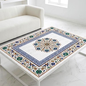 White Marble Inlay Coffee Table – Handcrafted Pietra Dura Center Table – Floral Mandala Marble Living Room Table– Luxury Modern Marble Table