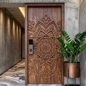Puerta de madera tallada con mandala 3D / Puerta de entrada geométrica floral ornamentada / Puerta de madera maciza grabada con CNC / Puerta de entrada de lujo, puerta personalizada