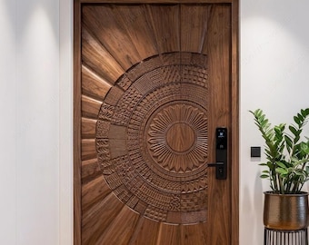 Modern CNC-snidad trädörr | Mandala Sunburst-detalj, specialdesignad enkeldörr | Lyxig huvudentrédörr med uttalande | Modern trädörr