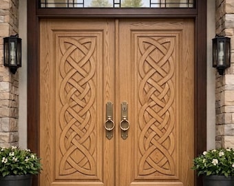 Handcrafted Double Entry Wood Door with Celtic Knot Carving | Luxury Solid Wood Main Door | Custom Exterior Entrance Door | Modern Design