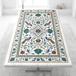 Marble Inlay Dining Table – Premium Floral & Bird Mosaic White Marble Tabletop – Modern Luxury Room Decor – Handmade WHITE Marble Table Top