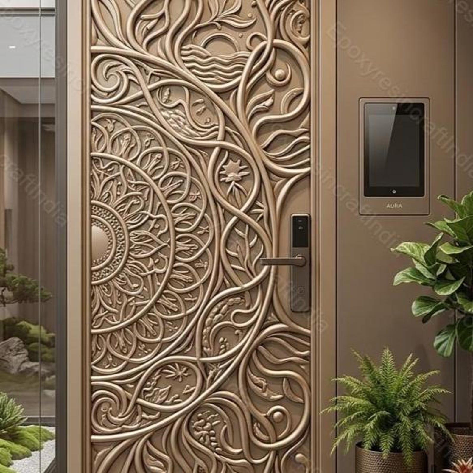 Luxury HDHMR Carved Door, Modern Tree of Life & Mandala Design, 3D ...