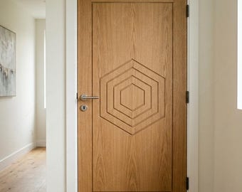 Custom Solid Wood Interior Door | Geometric Hexagon CNC Carved Door | Modern Minimalist Wooden Door | Handcrafted Entry Door | Home Decor