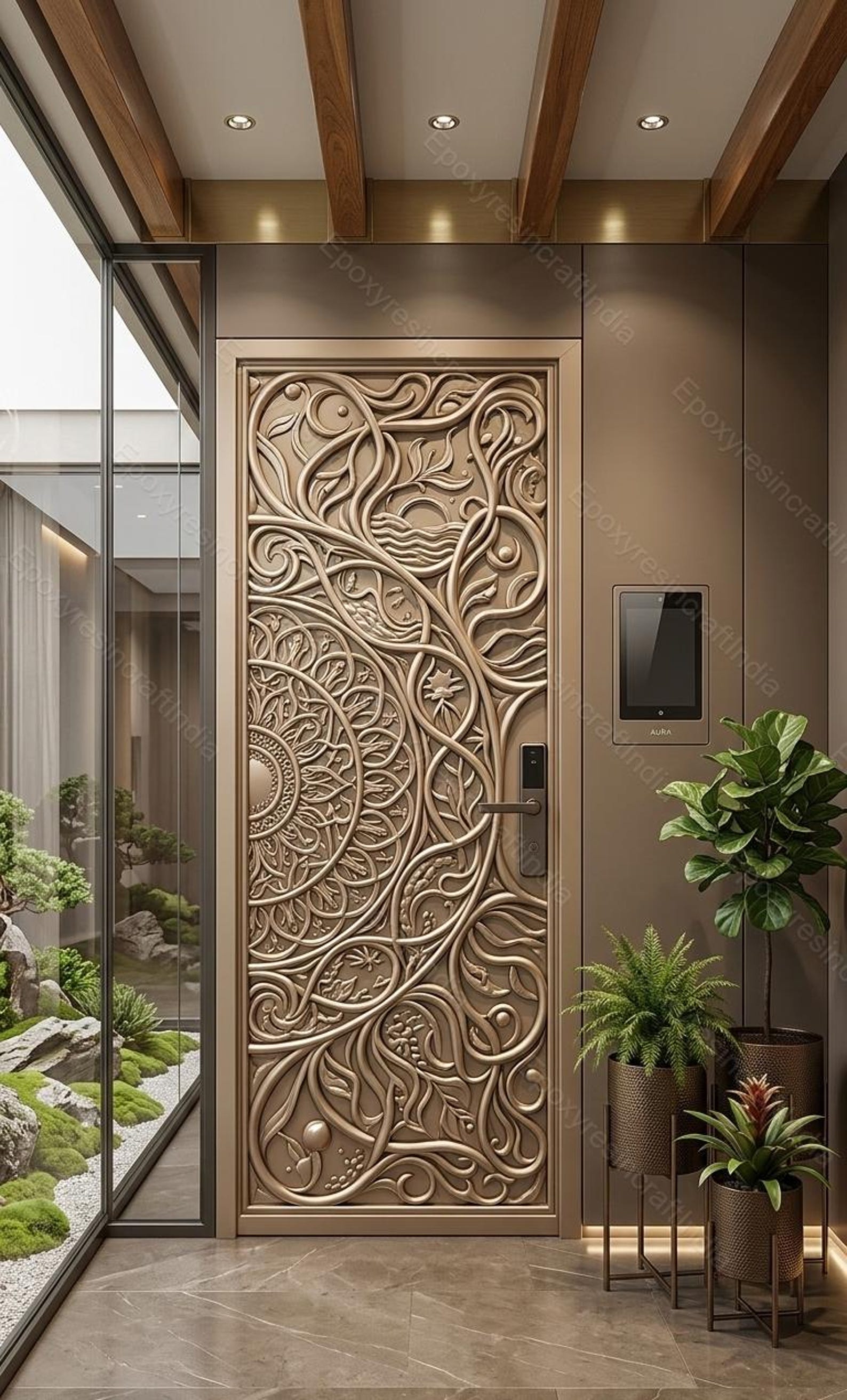 Luxury HDHMR Carved Door, Modern Tree of Life & Mandala Design, 3D ...