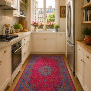 May include: A kitchen with white cabinets, a stainless steel refrigerator, and a vibrant pink and blue patterned rug. The rug features an intricate design. A window offers a view of a city street.