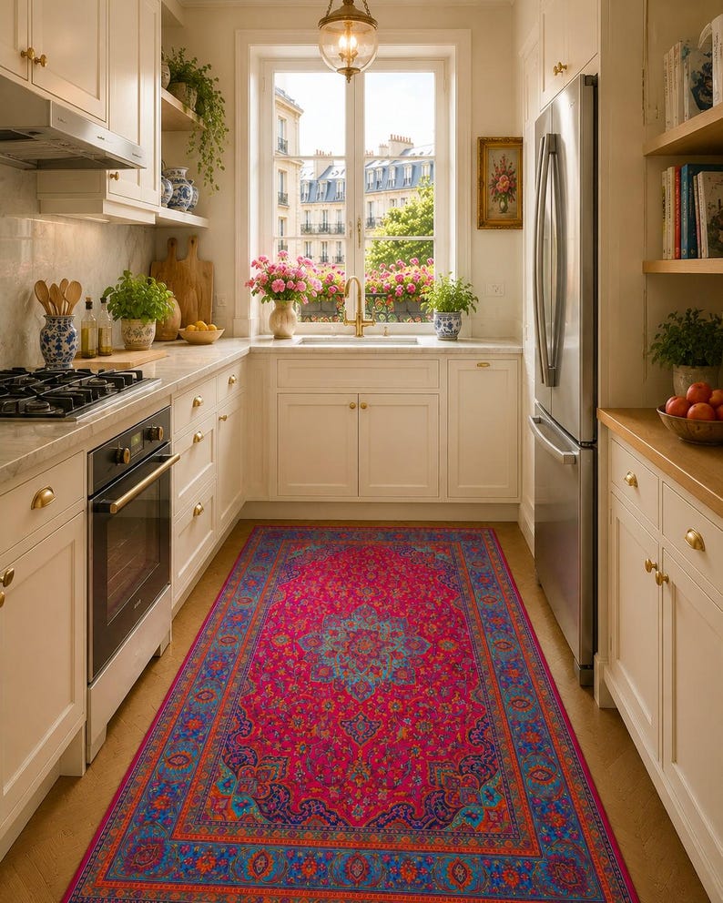 May include: A kitchen with white cabinets, a stainless steel refrigerator, and a vibrant pink and blue patterned rug. The rug features an intricate design. A window offers a view of a city street.