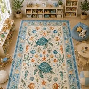 Kids watercolor marine animal accent rug in beige and blue