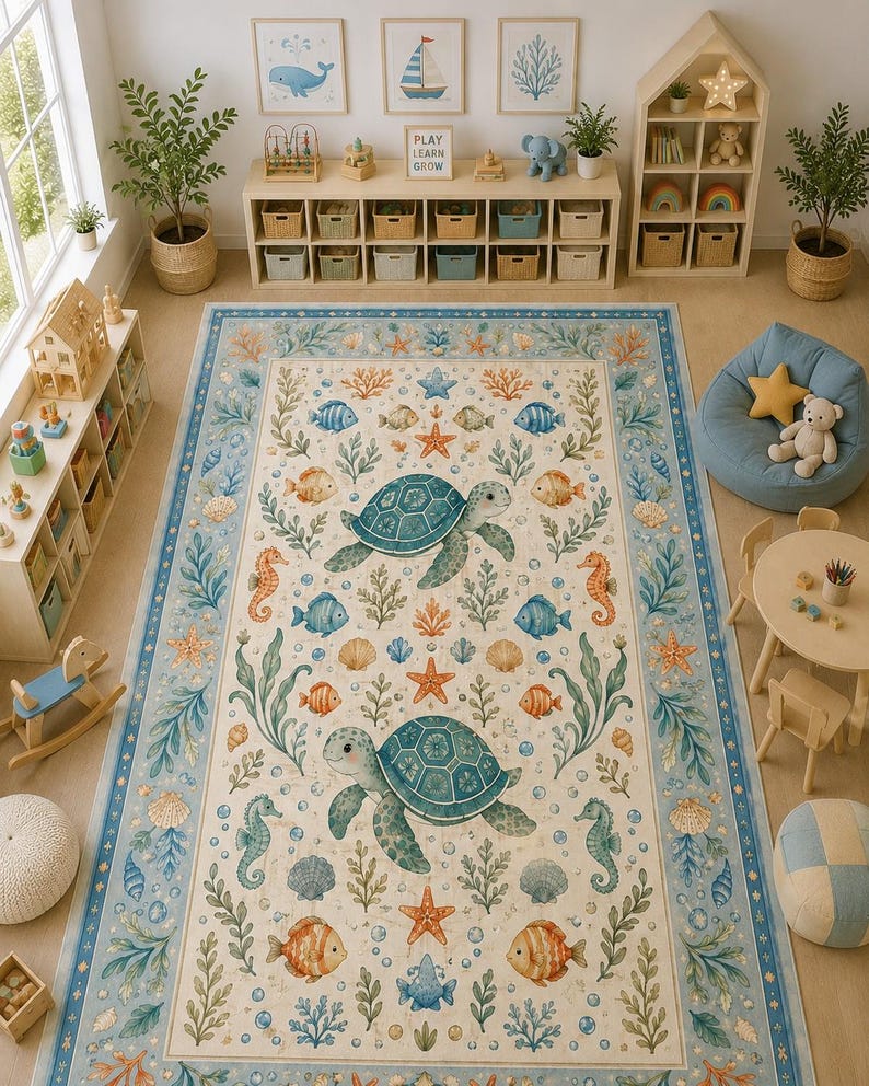 Kids watercolor marine animal accent rug in beige and blue