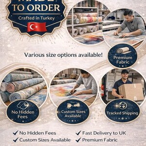 May include: Image promoting custom-made rugs from Turkey. The design includes a badge that says "Made to Order" and "Crafted in Turkey". Additional text highlights "Various size options available!" and features like "Premium Fabric".