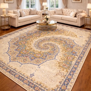 Persian Spiral Area Rug, Cream Blue Gold Traditional Carpet, Washable Non-Slip Mat