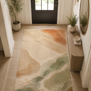 Abstract Watercolor Rug, Sage Green Mat, Terracotta Carpet, Neutral Boho Decor, Earthy Modern Minimalist Area, Washable Organic Floor