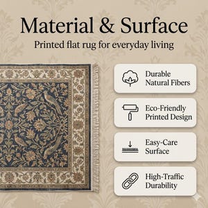 May include: A rectangular printed flat rug with a navy blue background and a floral and bird design. The rug has a beige border and fringe. Text on the image reads "Material & Surface" and "Printed flat rug for everyday living."