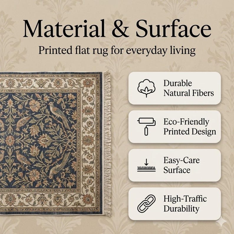 May include: A rectangular printed flat rug with a navy blue background and a floral and bird design. The rug has a beige border and fringe. Text on the image reads "Material & Surface" and "Printed flat rug for everyday living."