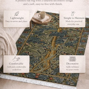 May include: A rectangular flat rug featuring a dark blue, green, and brown botanical pattern with a gold border and white fringe. Text on the image reads: Designed for Everyday Living, A printed flat rug with a timeless decorative design and a soft, easy-to-live-with finish, Lightweight, Simple to Maintain, Comfortable, Decorative.
