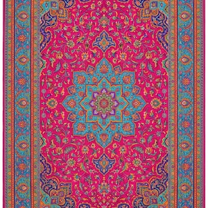 May include: A rectangular rug with a vibrant floral design. The rug features a hot pink central field with a large turquoise and purple medallion. The border is a mix of turquoise, orange, and purple, creating a colorful and ornate pattern.