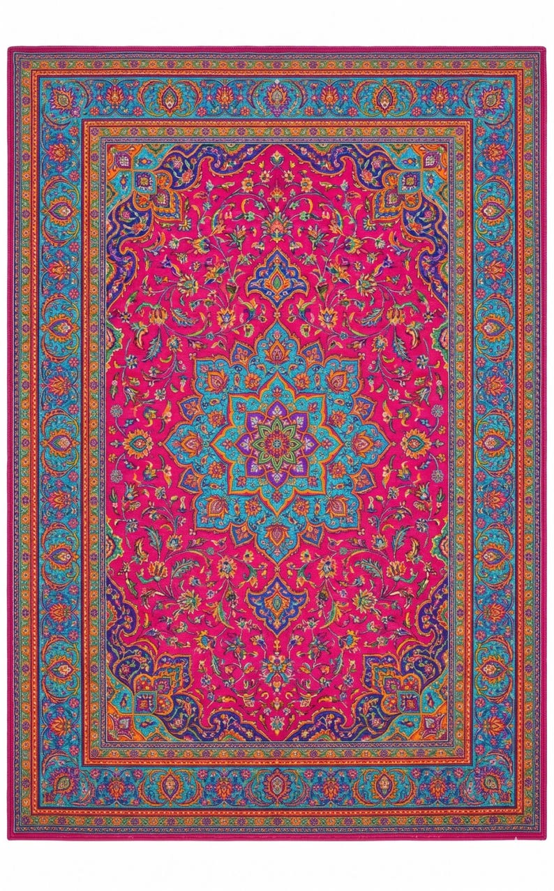 May include: A rectangular rug with a vibrant floral design. The rug features a hot pink central field with a large turquoise and purple medallion. The border is a mix of turquoise, orange, and purple, creating a colorful and ornate pattern.