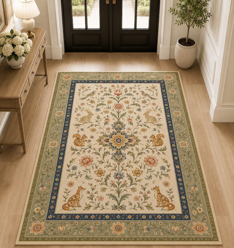 Boho grandmillennial floor pad for traditional rustic room
