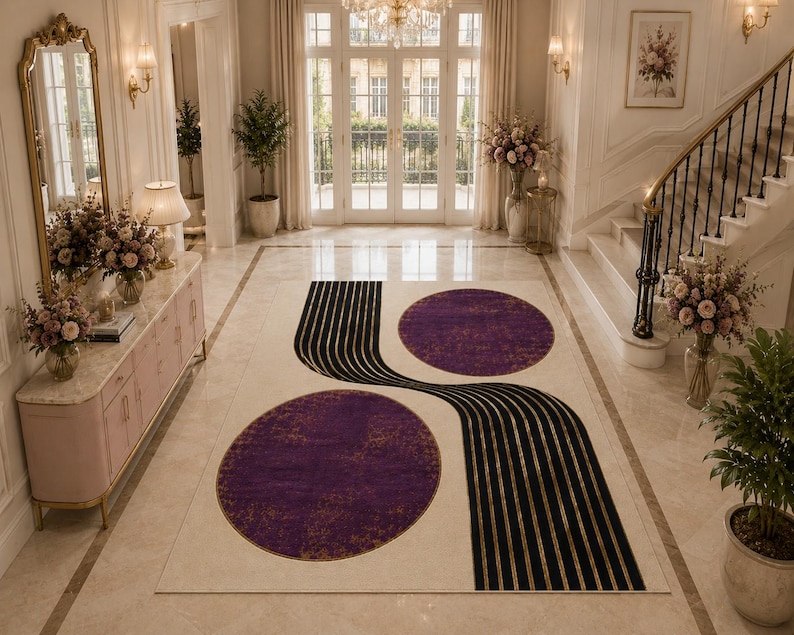 Art Deco inspired washable carpet with bold abstract curves and sophisticated glam home styling.