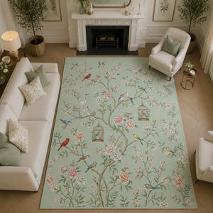 May include: A large rectangular area rug with a light green background featuring a floral and bird design. The rug has a tree with pink flowers, birds, and birdcages. The rug is surrounded by white furniture.