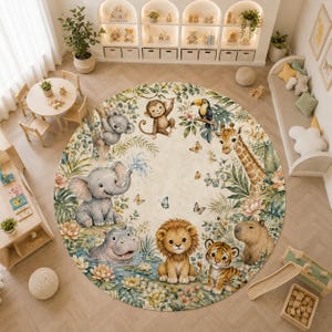 Round watercolor safari rug with cute jungle animals