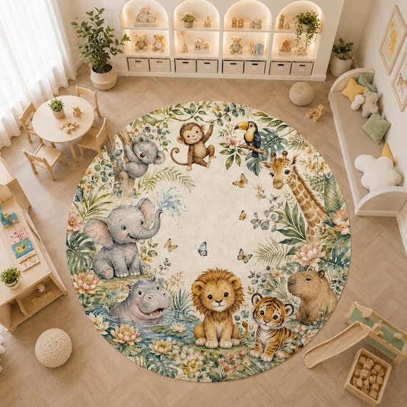 Round Safari Rug, Jungle Nursery Mat, Watercolor Animal Carpet, Washable Playroom Circle, Boho Kids Floor Decor