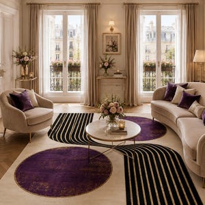 Pet friendly modern carpet featuring black curved line patterns and elegant gold abstract detailing.