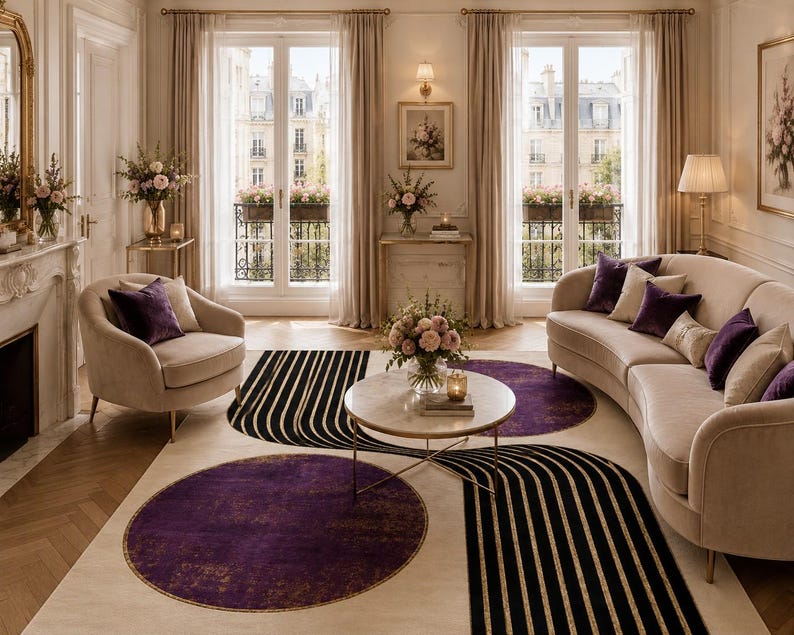 Pet friendly modern carpet featuring black curved line patterns and elegant gold abstract detailing.