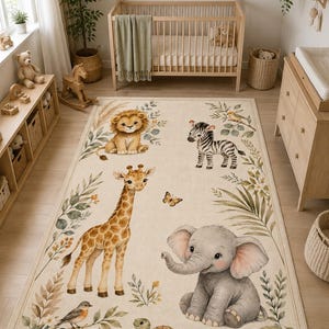 May include: A rectangular area rug featuring a cream-coloured background with watercolour-style illustrations of a lion, zebra, giraffe, elephant, and turtle, surrounded by green tropical leaves, small flowers, a butterfly, and two birds.