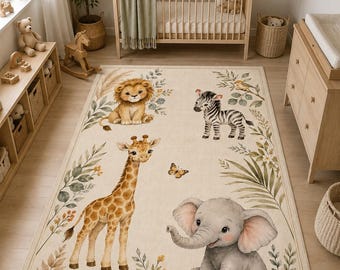 May include: A rectangular area rug featuring a cream-colored background with watercolor-style illustrations of a lion, zebra, giraffe, elephant, and turtle, surrounded by green tropical leaves, small flowers, a butterfly, and two birds.