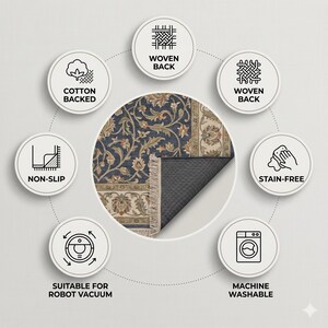 May include: A round rug with a navy blue floral design and a beige border. The rug is cotton-backed, non-slip, stain-free, and machine washable. It is suitable for robot vacuums. The rug has a woven back.