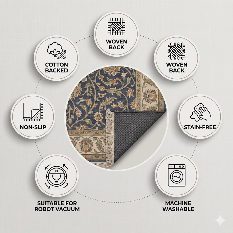May include: A round rug with a navy blue floral design and a beige border. The rug is cotton-backed, non-slip, stain-free, and machine washable. It is suitable for robot vacuums. The rug has a woven back.