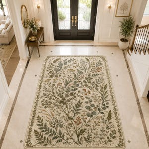 Arts and crafts style floral carpet in beige and sage green