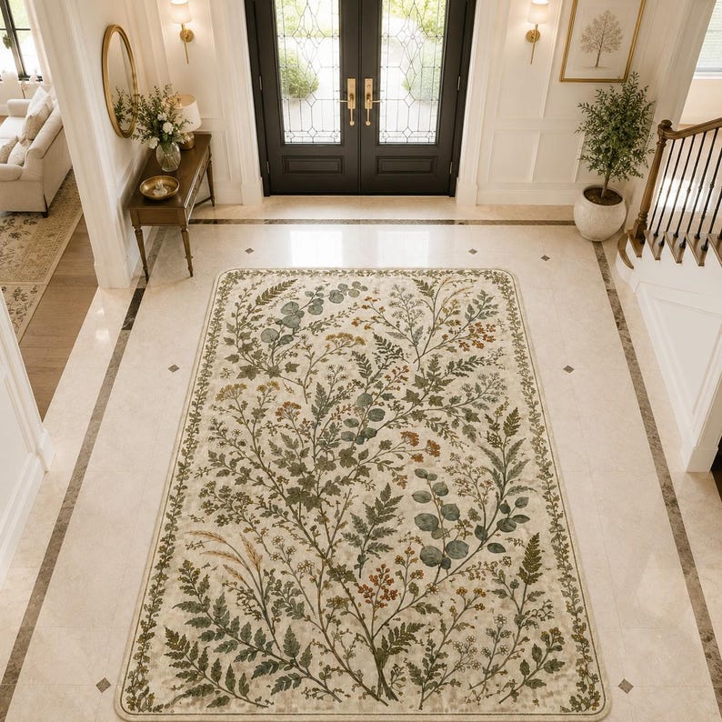Arts and crafts style floral carpet in beige and sage green